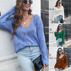Damen Luftiger Strickpullover mit V-Ausschnitt und auffälligem Lochmuster R&B