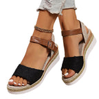Damen Wedge-Sandalen mit verstellbarem Riemen und trendigem Bast-Detail R&B