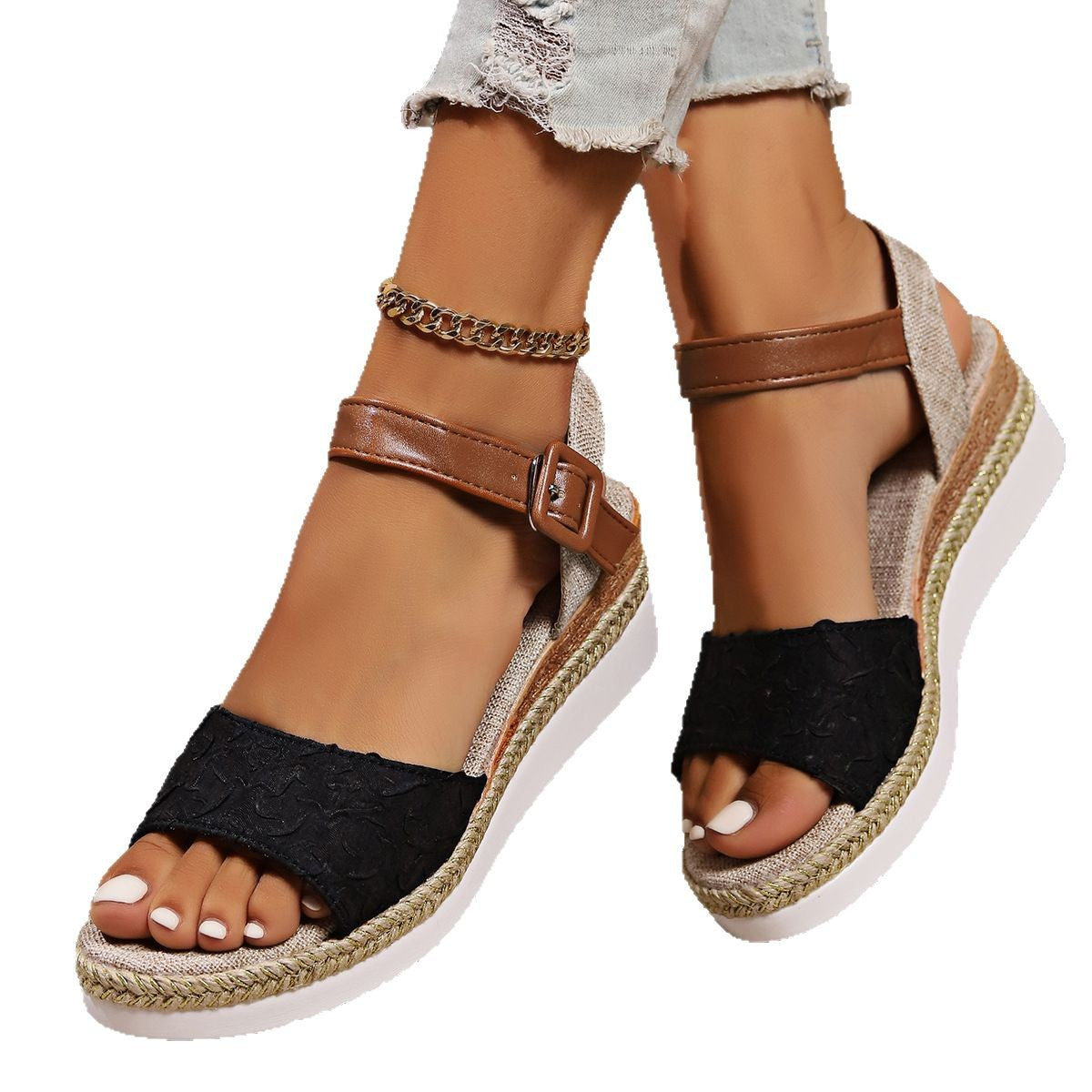 Damen Wedge-Sandalen mit verstellbarem Riemen und trendigem Bast-Detail R&B