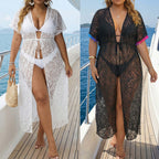 Damen transparenter Strandüberwurf mit verspieltem Häkelmuster R&B