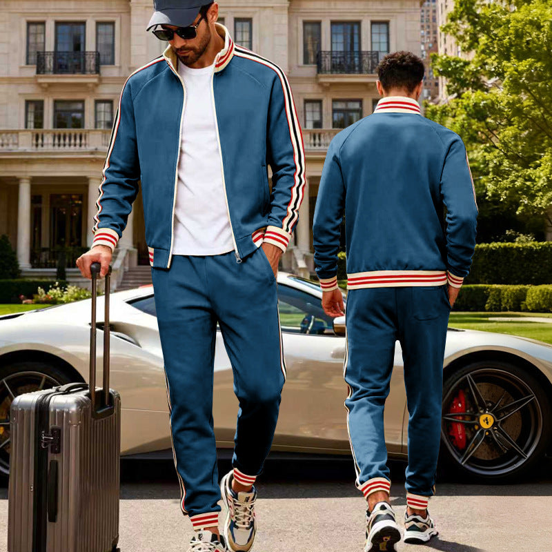Herren nan sportiver Trainingsanzug mit gestreiften Rippbündchen, Reißverschlussjacke und tapered Jogginghose R&B