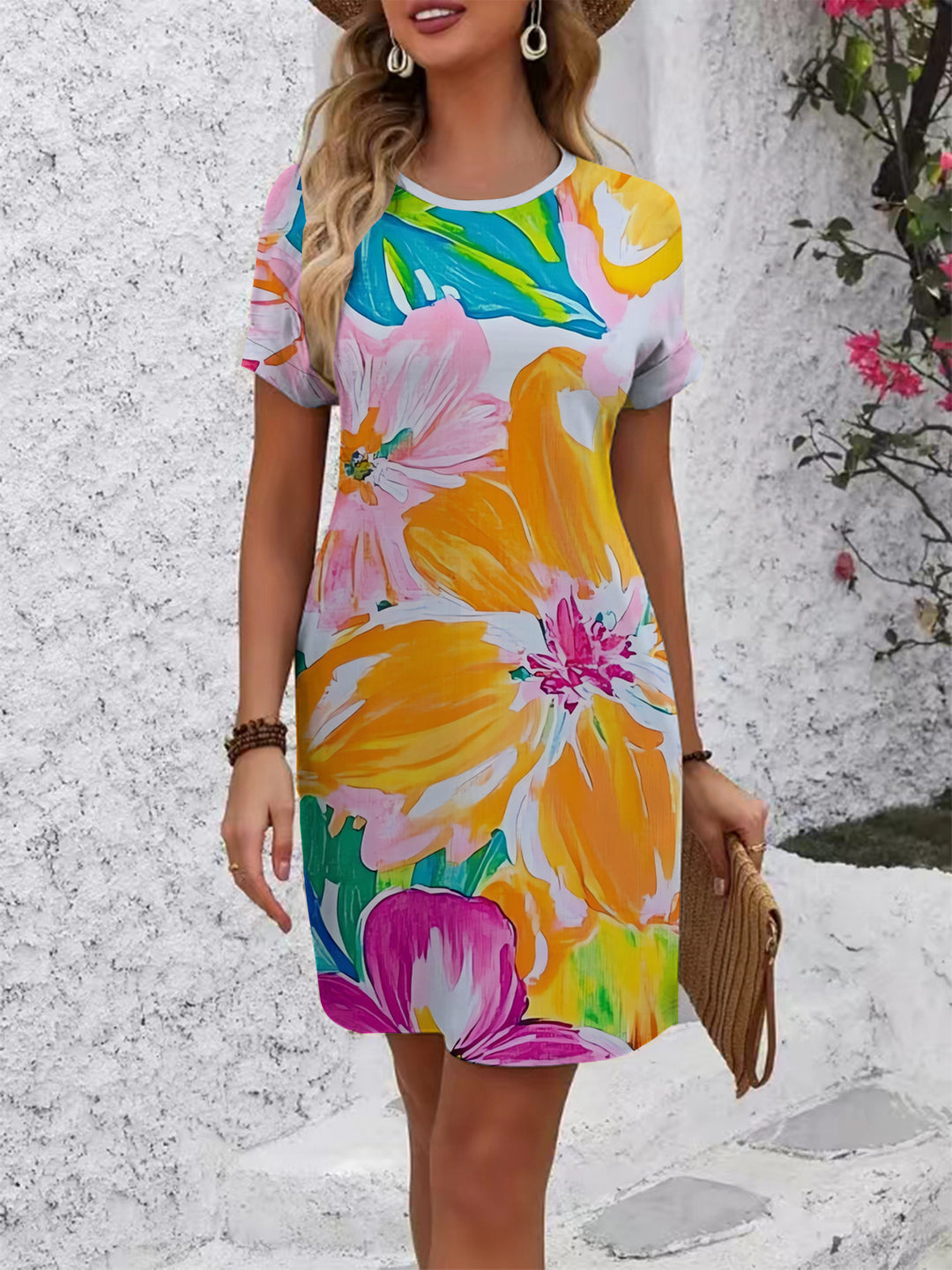 Damen lässiges T-Shirt Kleid mit buntem Blumenmuster und bequemem Schnitt R&B