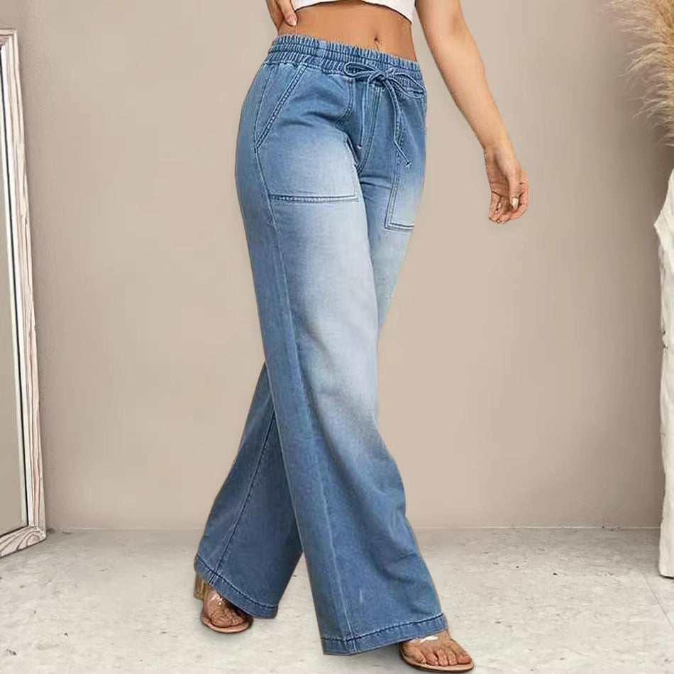 Damen Weit geschnittene Jeanshose mit elastischem Bund und modischem Used-Look R&B