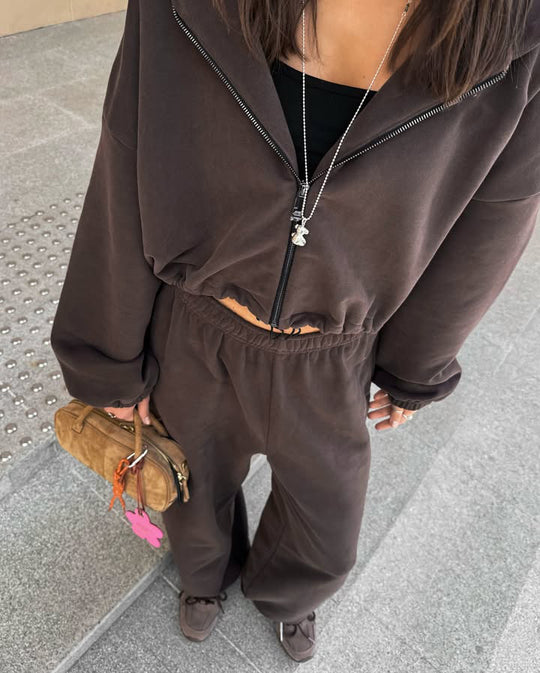Damen lässiges Fleece-Loungewear-Set mit Kapuze und elastischem Bund R&B