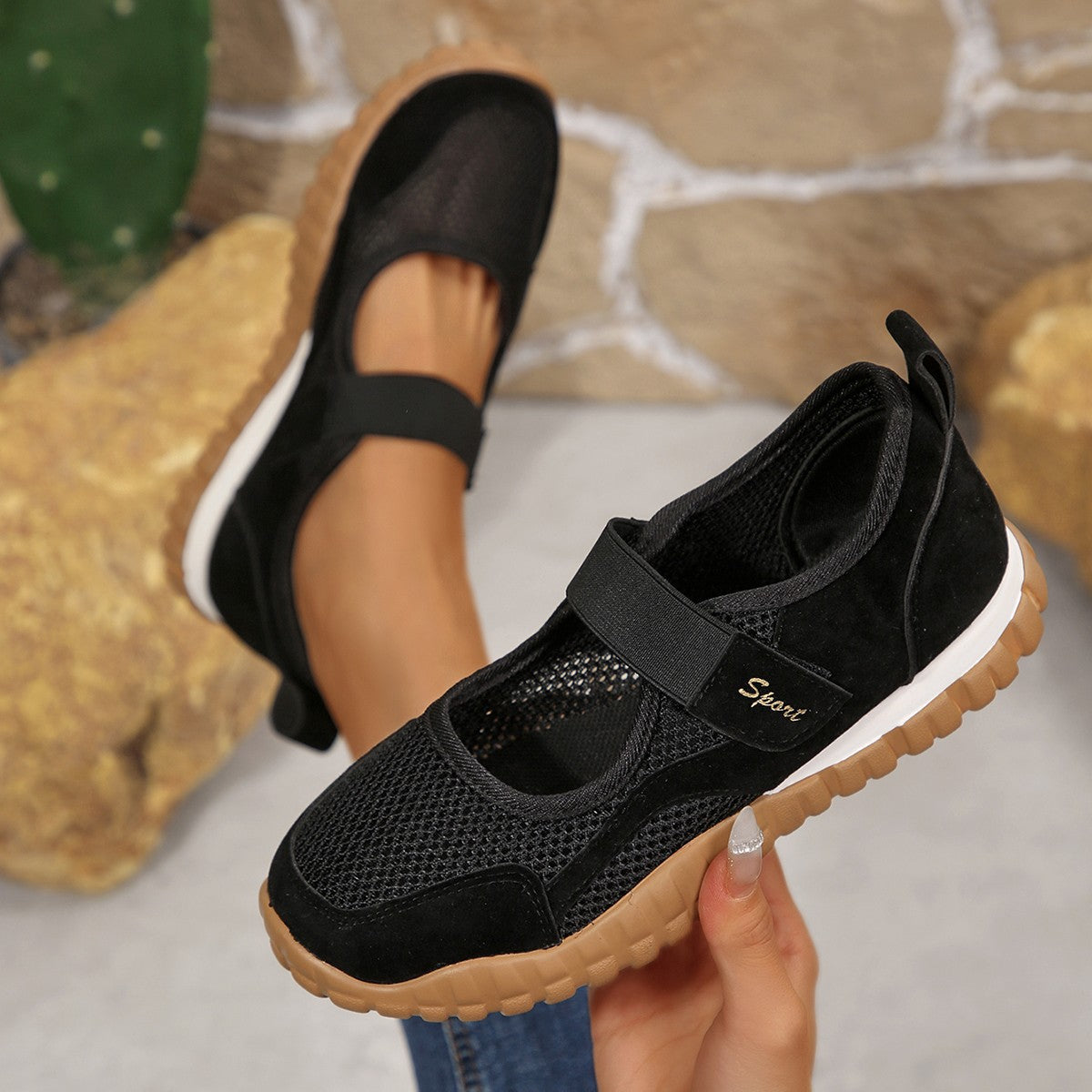 Damen Sportliche Sneakers mit atmungsaktivem Mesh-Obermaterial und flexiblem Klettverschluss R&B