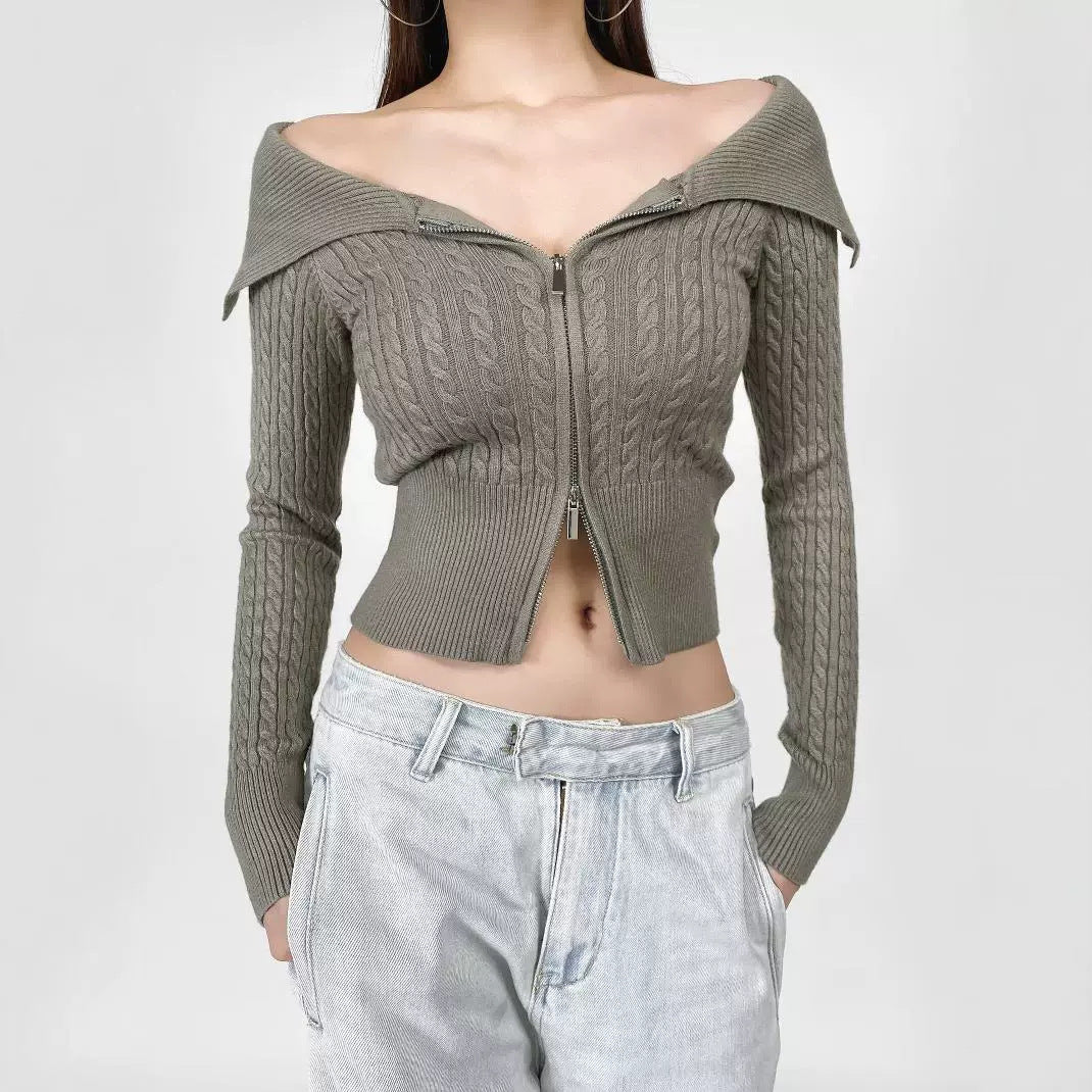 Damen modische Strickjacke mit weitem Kragen und Reißverschluss R&B