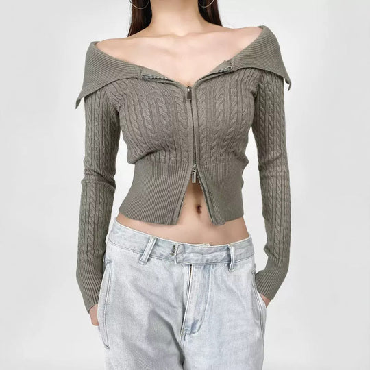 Damen modische Strickjacke mit weitem Kragen und Reißverschluss R&B