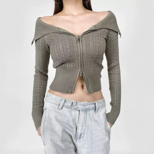 Damen modische Strickjacke mit weitem Kragen und Reißverschluss R&B