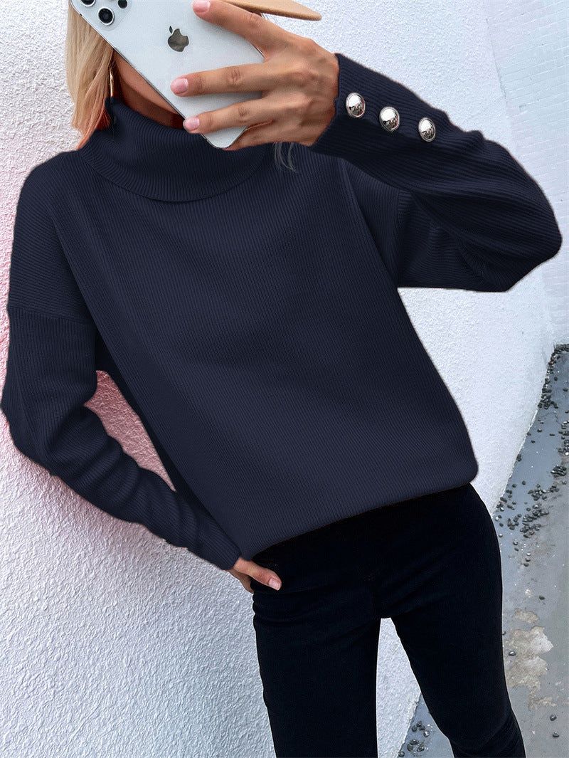 Damen Grobstrickpullover mit Rollkragen und Knopfdetail R&B