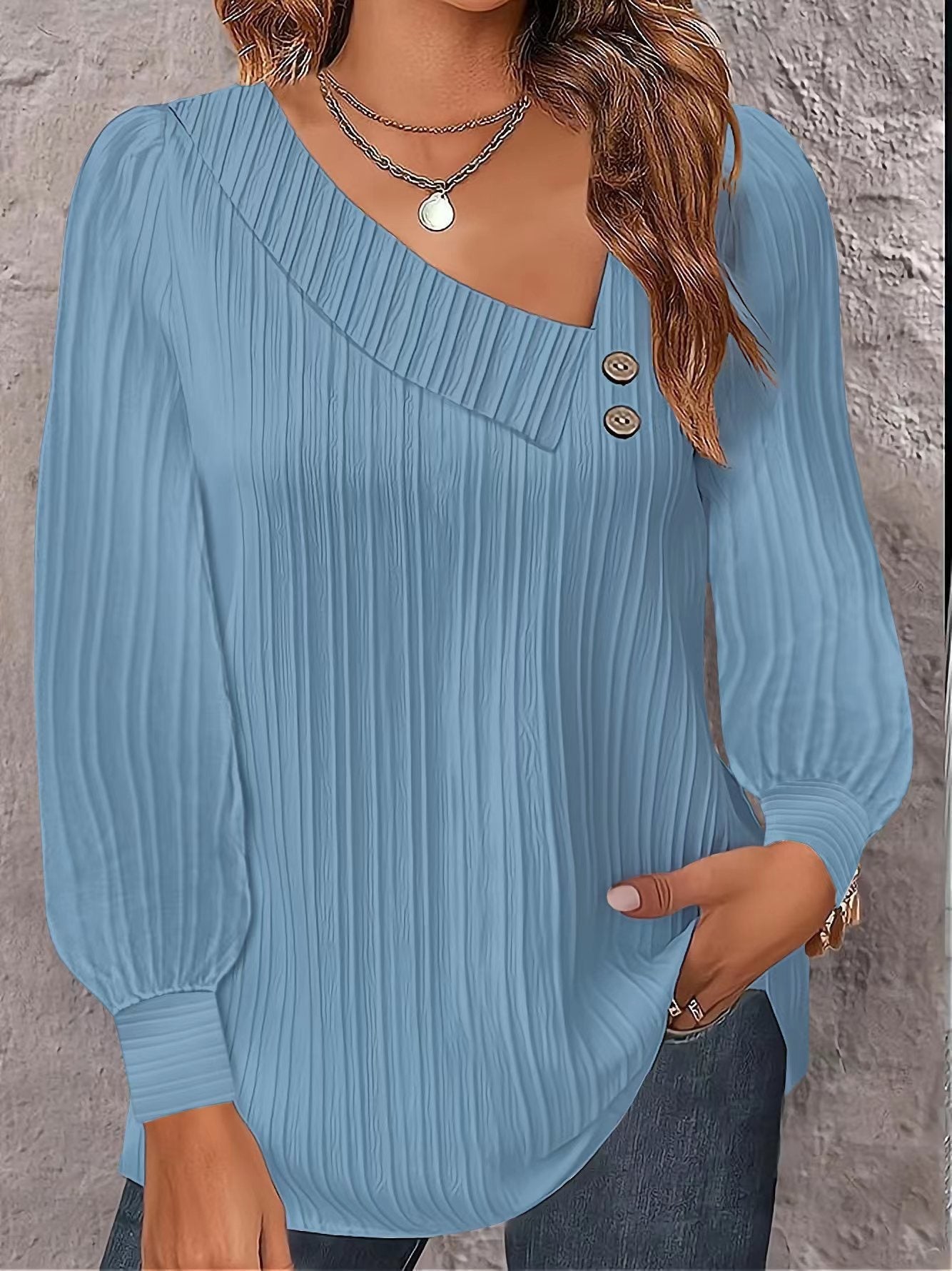 Damen Modisches Langarmshirt mit plissierter Textur und dekorativen Knöpfen R&B