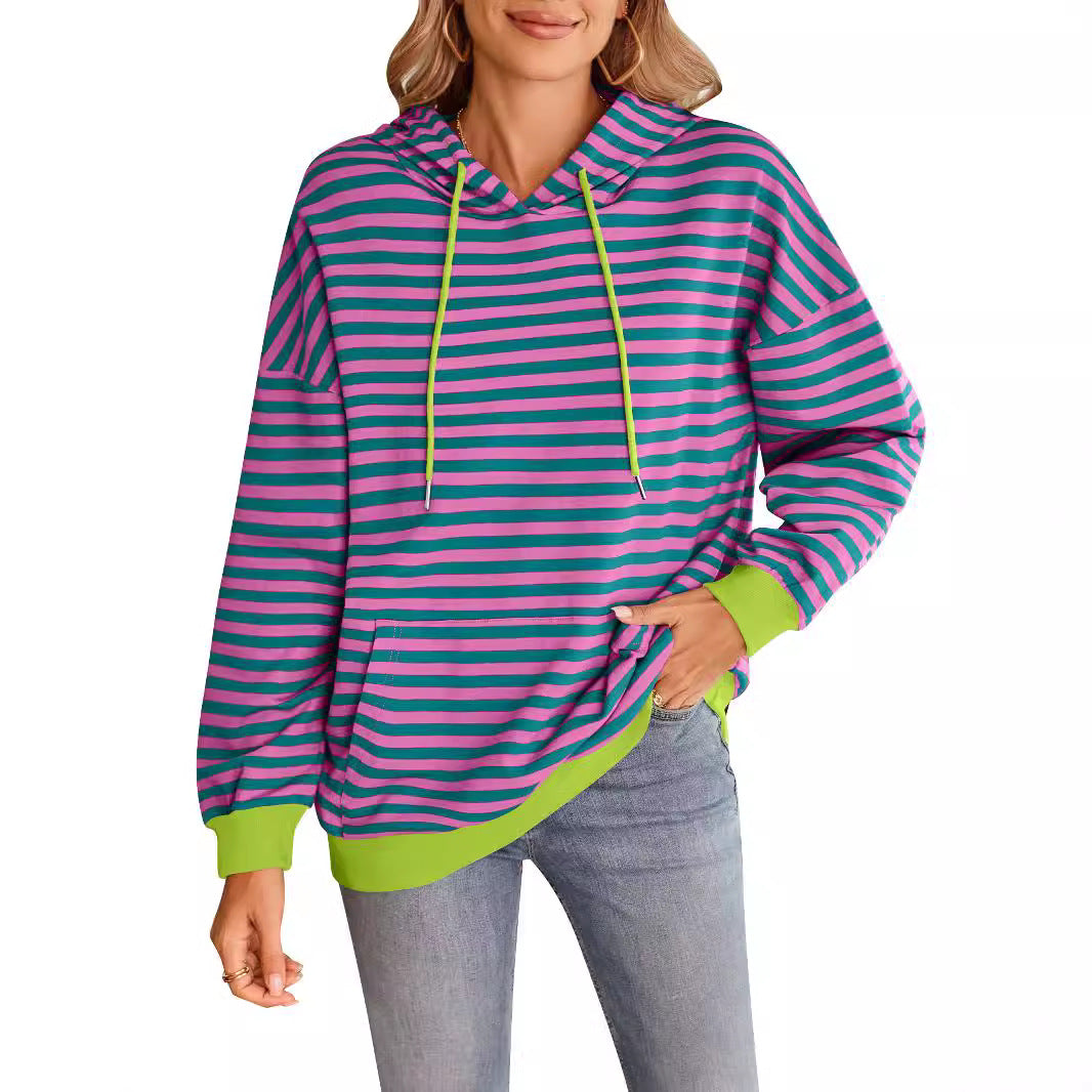 Damen gestreifter Kapuzenpullover mit stylischer Kängurutasche R&B