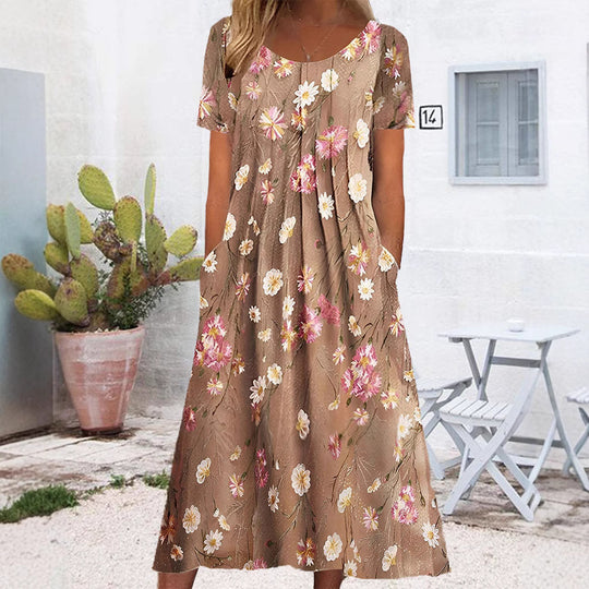Damen nan Blumenswing-Midikleid mit Rundhalsausschnitt, Eingrifftaschen und strukturierter Crêpe-Qualität R&B