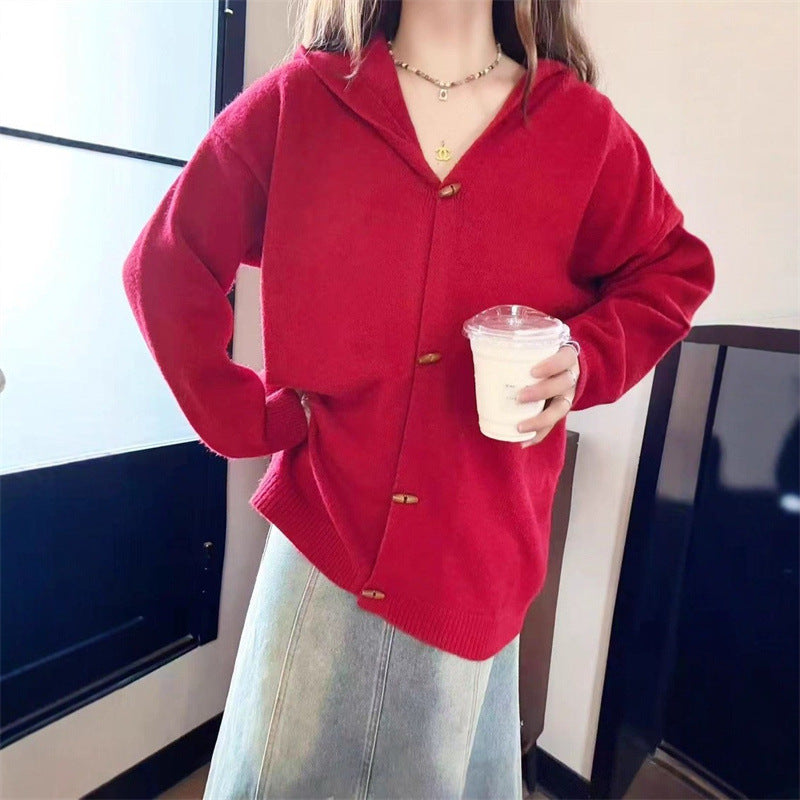 Damen stylische Strickjacke mit Kapuze und dekorativen Knöpfen R&B