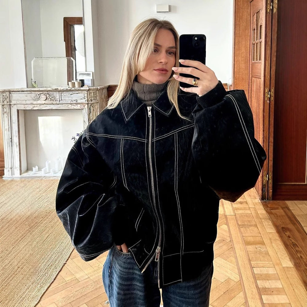 Damen Kunstlederjacke mit lässigem Schnitt und elastischem Saum R&B