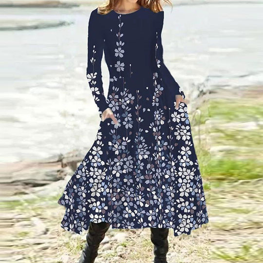 Damen nan fließendes Maxikleid mit Batikkreis-Muster, Rundhalsausschnitt, Taillennaht und Eingrifftaschen R&B