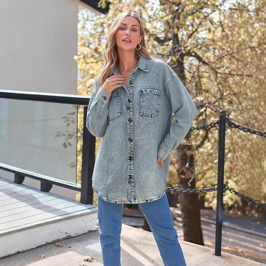 Damen Oversized Denim-Hemd mit aufgesetzten Taschen R&B