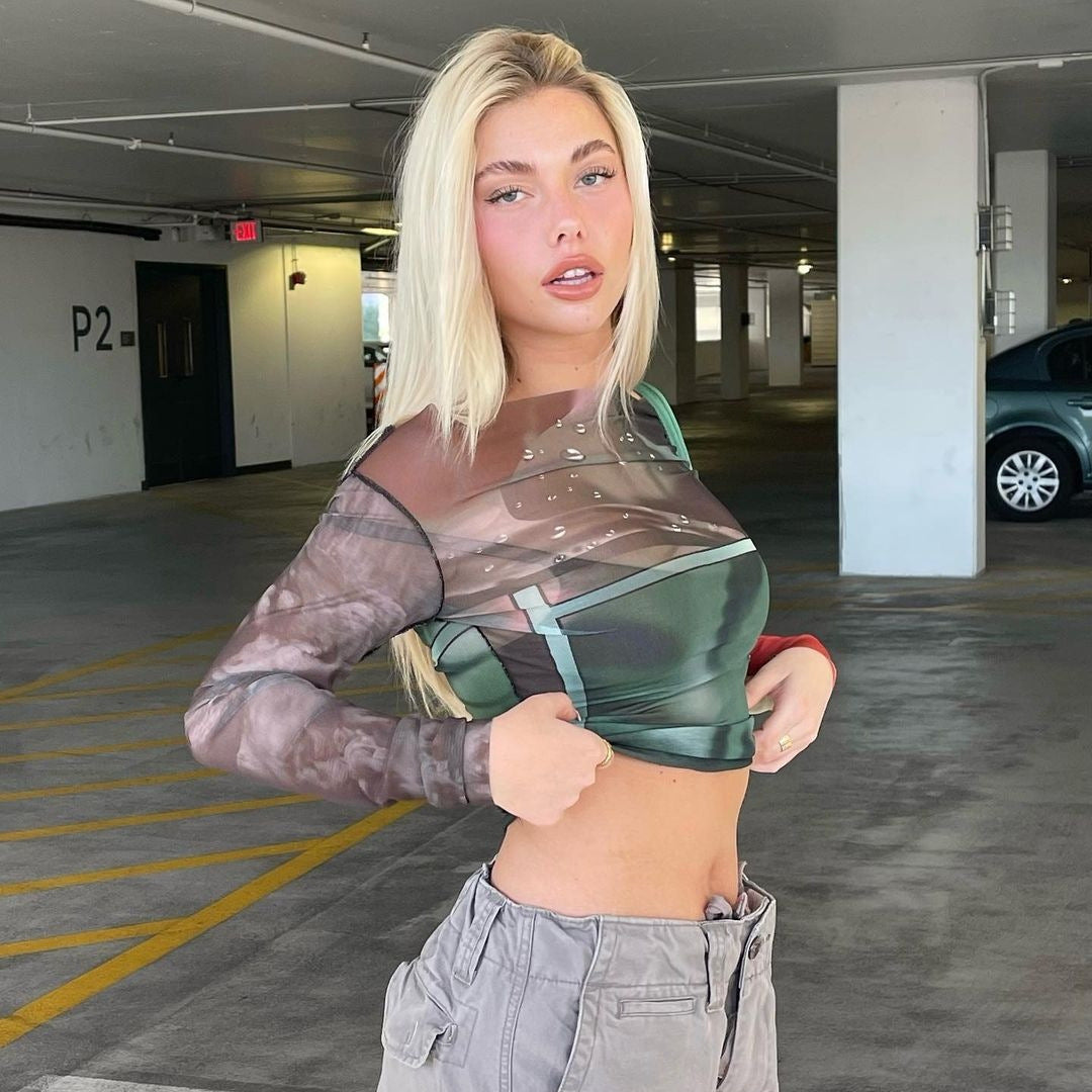 Damen Langarm Crop-Top mit transparenten Akzenten und grafischem Design R&B