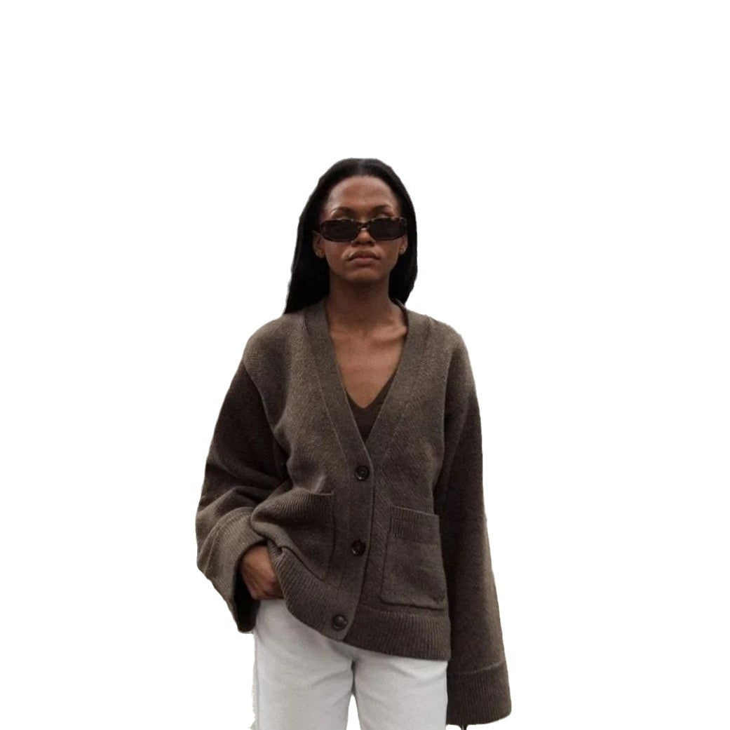 Damen Lässiger Strickjacke mit großen Taschen und offenem Schnitt R&B