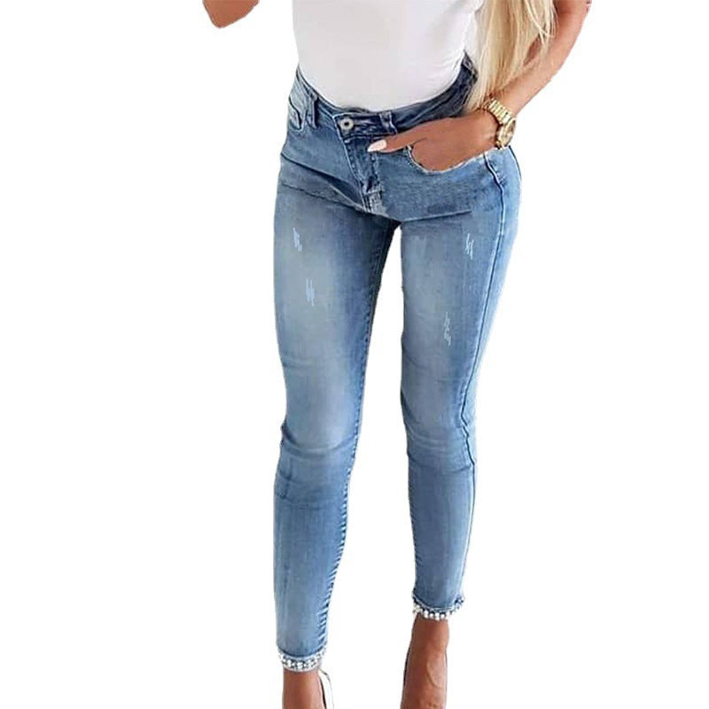 Damen Skinny Jeans mit Perlen- und Schleifendetails R&B