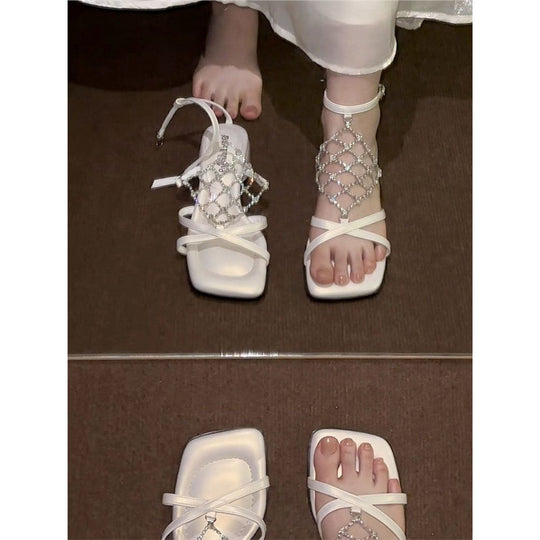 Damen elegante Riemchen-Sandalen mit funkelnden Kristallverzierungen R&B