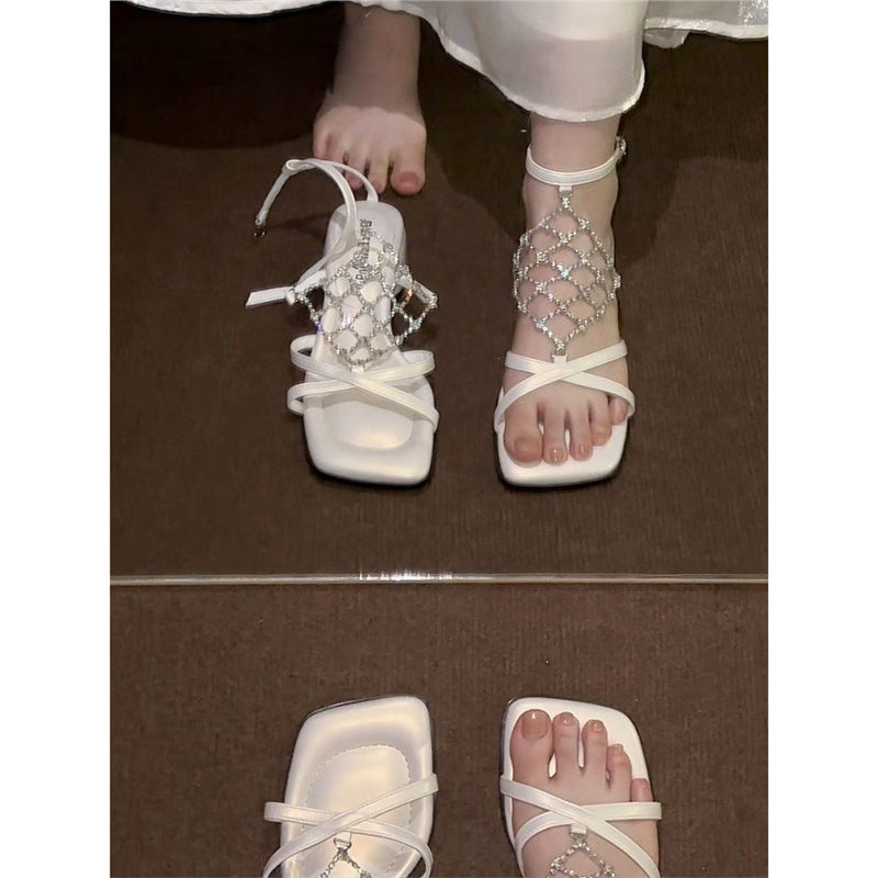 Damen elegante Riemchen-Sandalen mit funkelnden Kristallverzierungen R&B