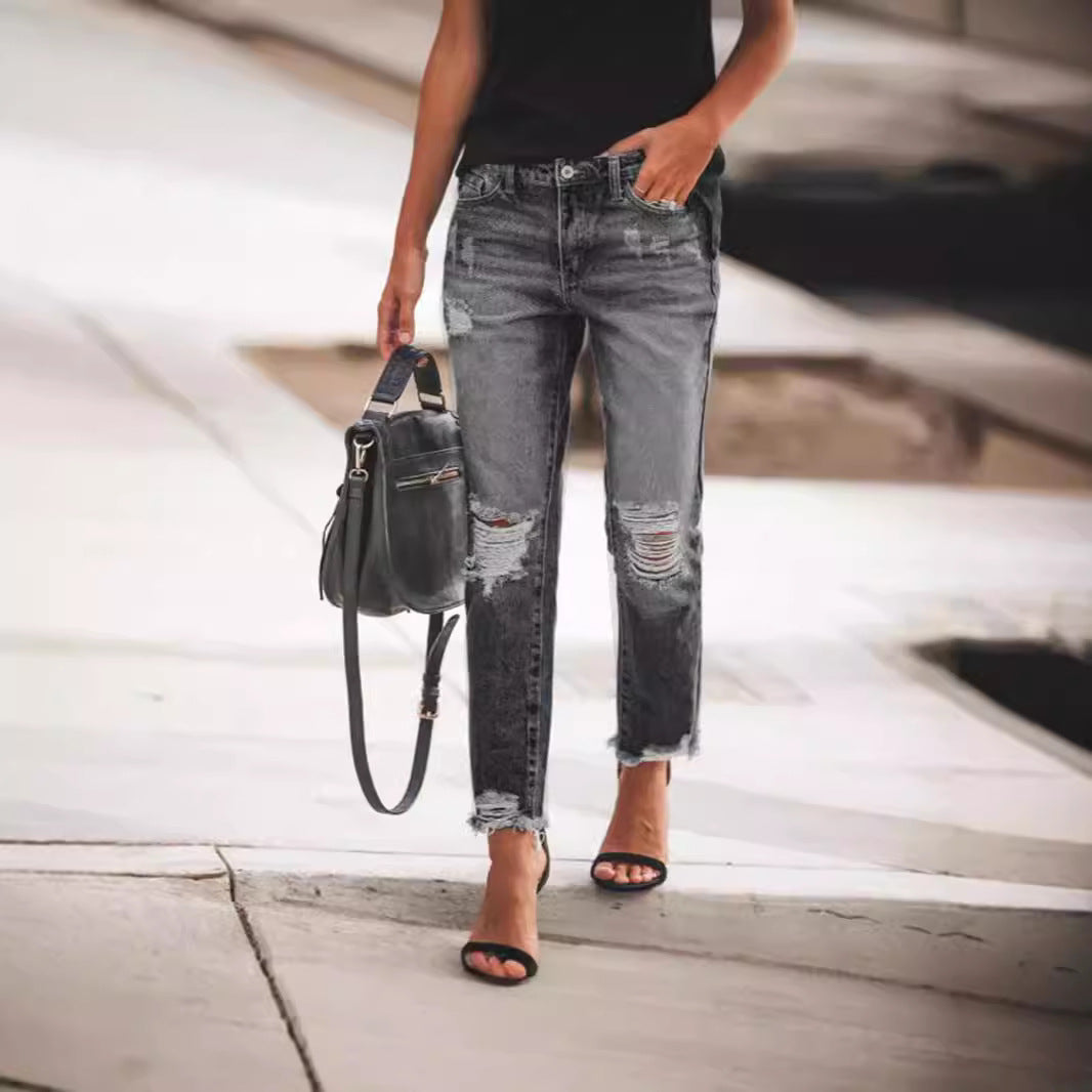 Damen Jeanshose mit modischen Destroyed-Details und bequemer Passform R&B