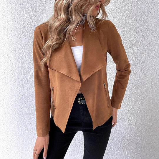 Damen eleganter Kurz-Blazer mit asymmetrischem Schnitt und Reißverschlusstaschen R&B