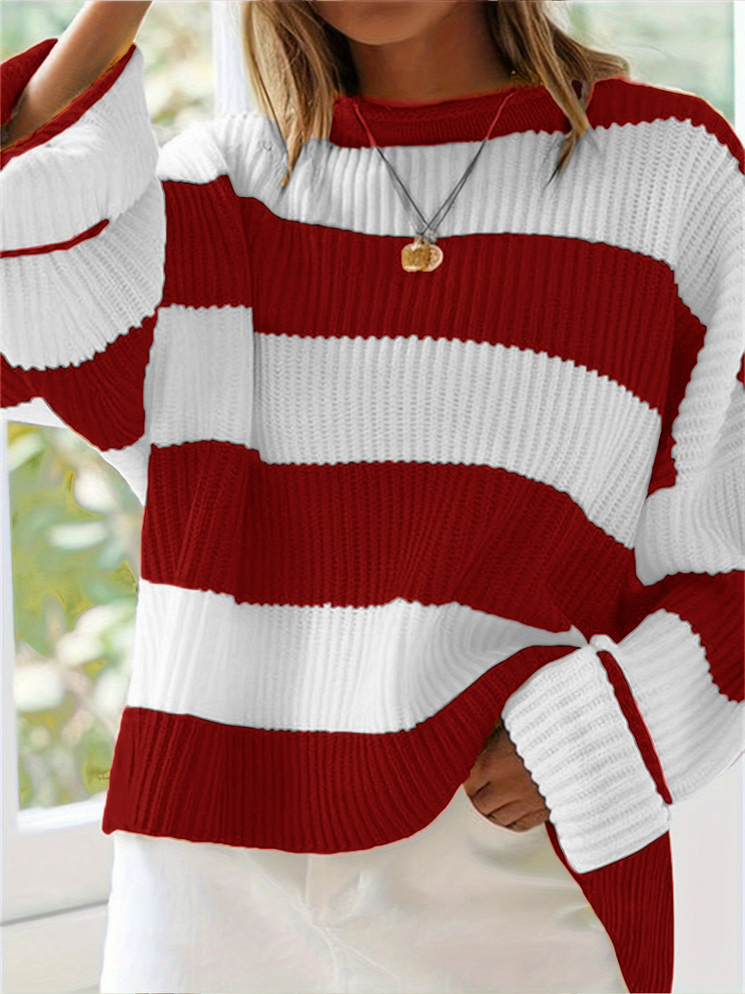 Damen lässiger Strickpullover mit breiten Streifen und lockerer Passform R&B