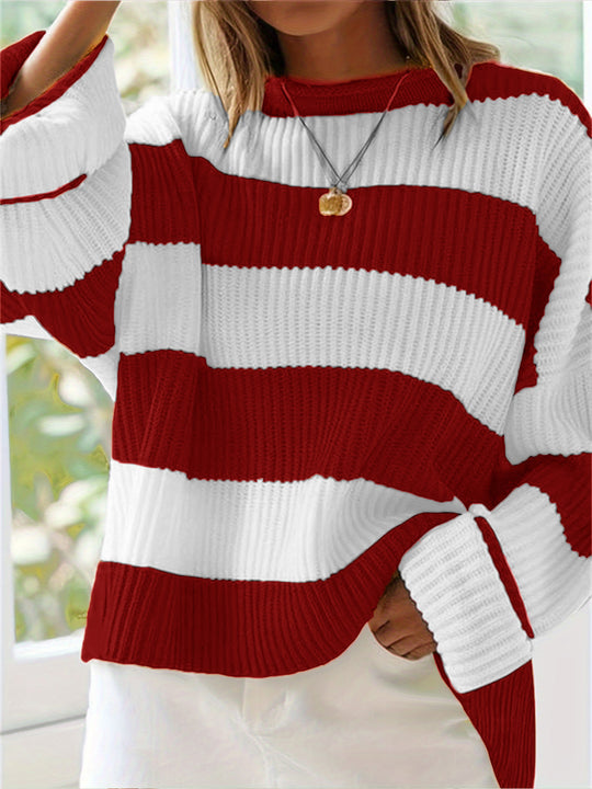 Damen lässiger Strickpullover mit breiten Streifen und lockerer Passform R&B