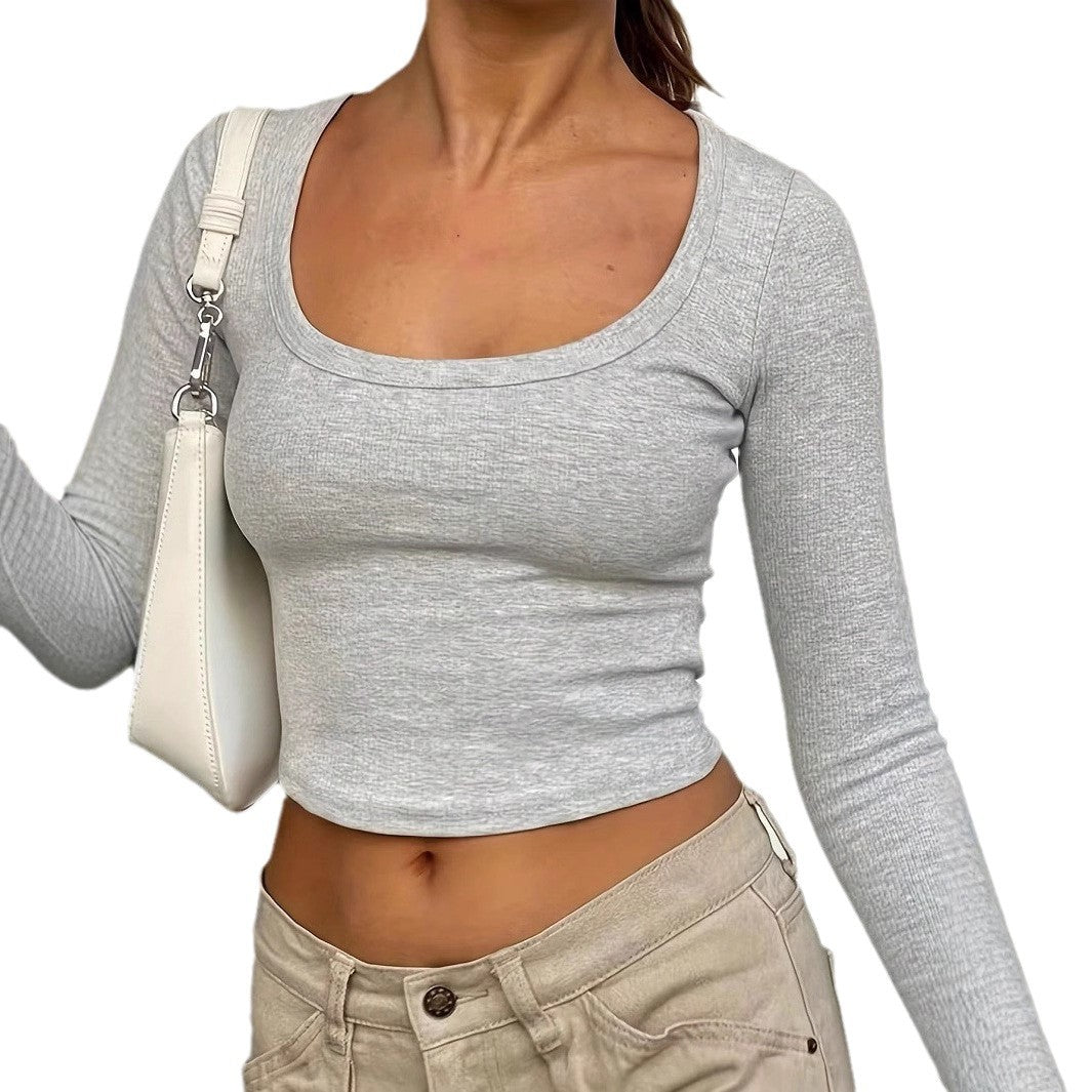 Damen Langarm-Crop-Top mit Rundhalsausschnitt und strukturierter Oberfläche R&B