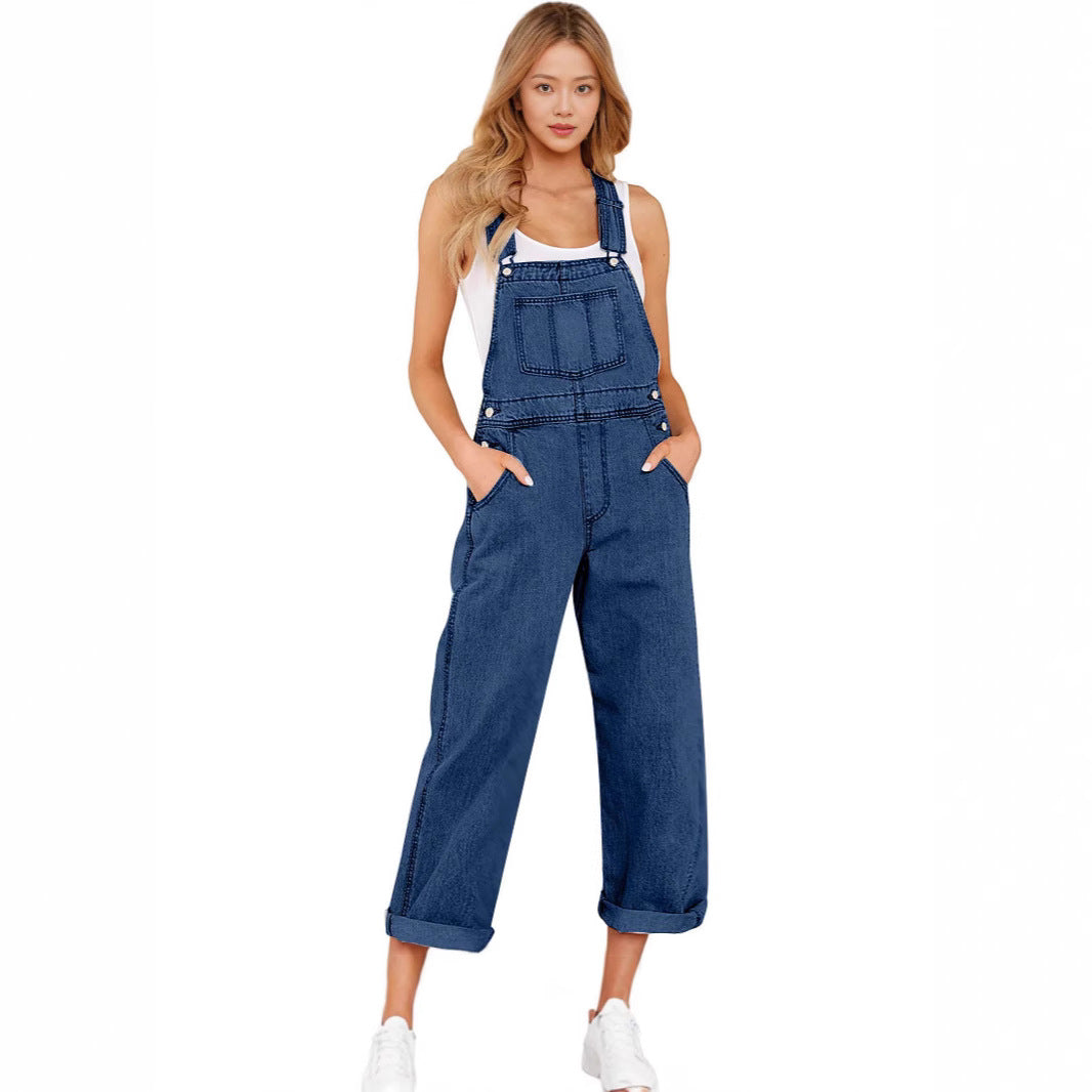 Damen lässige Denim-Latzhose mit praktischen Taschen und weiten Beinen R&B