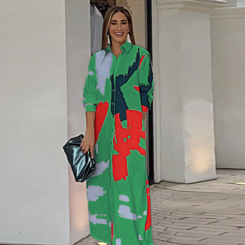 Damen Langarm Hemdkleid im modernen Grafikdesign mit Taschen R&B