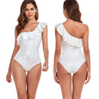 Damen Eleganter asymmetrischer Einteiler Badeanzug mit Rüschen R&B