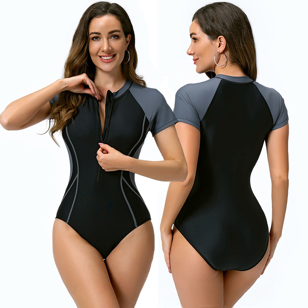 Damen Kurzarm Sportlicher Einteiler Badeanzug R&B