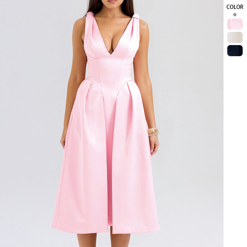 Damen Elegantes Wickelkleid mit tiefem V-Ausschnitt und schwingendem Rock EB