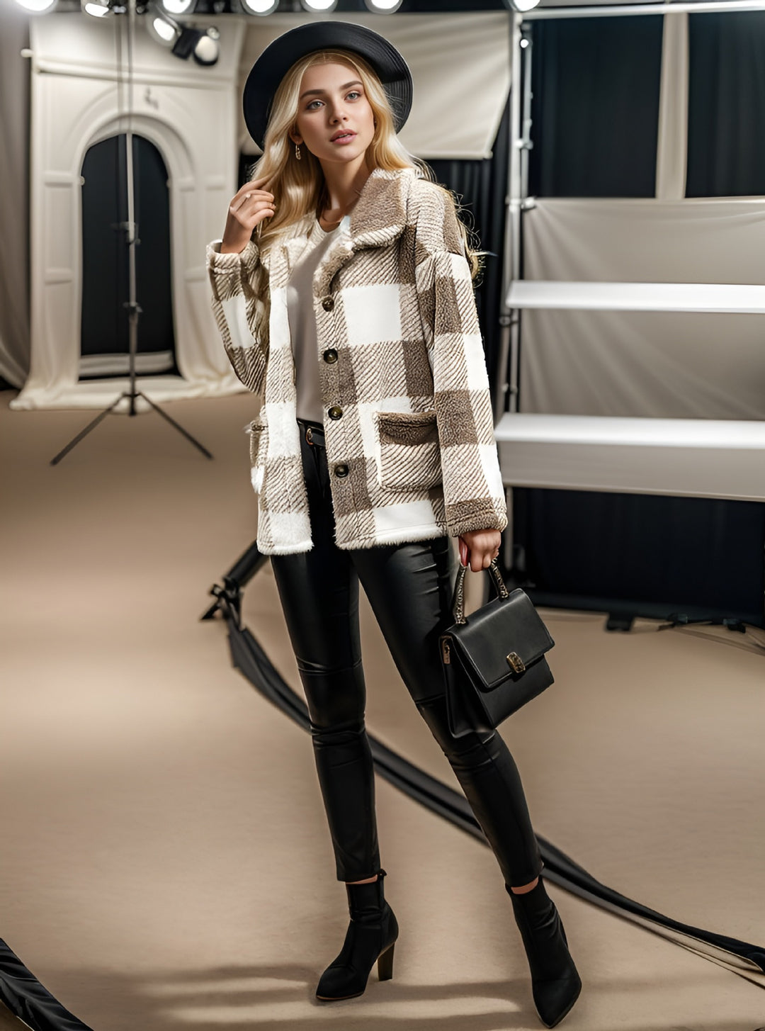 Damen Kuschelige Karojacke mit Druckknopfverschluss und Seitentaschen R&B