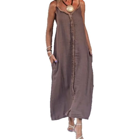 Damen nan luftiges Leinenoptik-Maxi-Trägerkleid mit fransiger Mittelnaht und Eingrifftaschen R&B