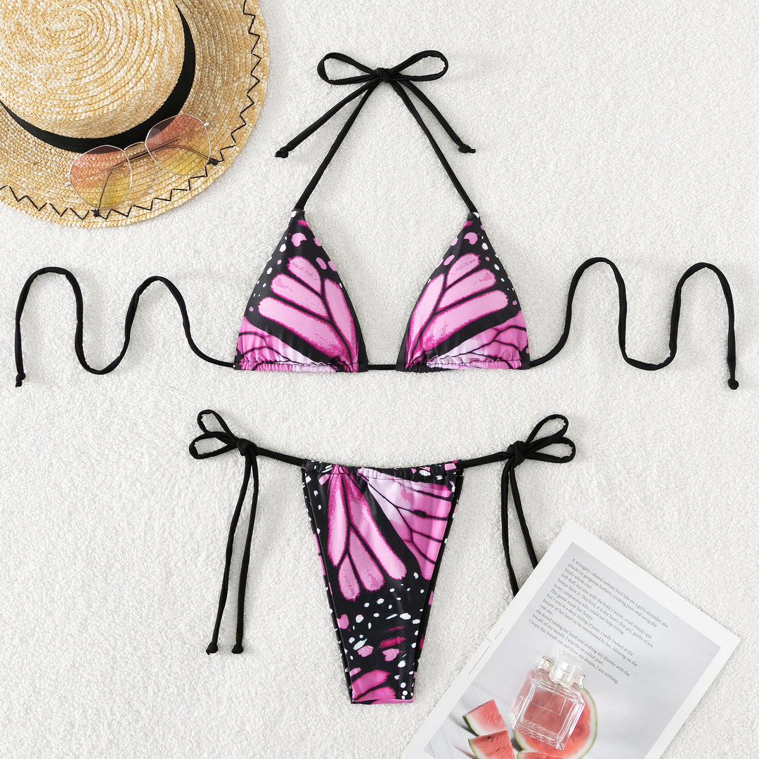 Damen Triangel-Bikini mit buntem Schmetterlingsmuster und verstellbaren Bindebändern R&B