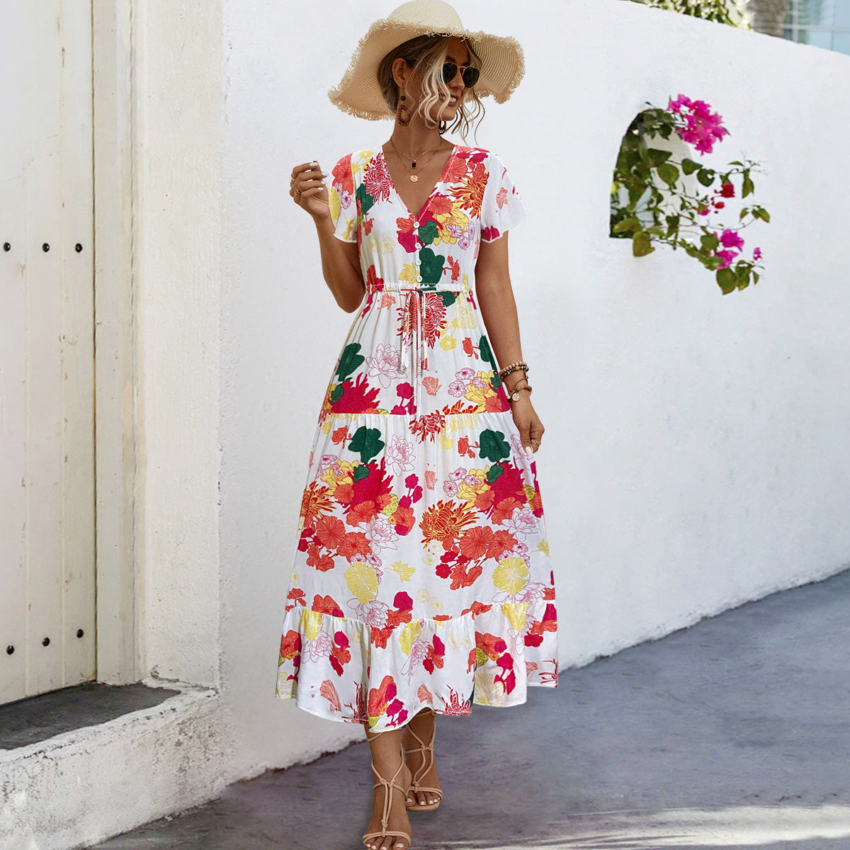 Damen Sommerliches Maxikleid mit floralen Akzenten und fließendem Rock R&B