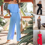 Damen Off-Shoulder Jumpsuit mit weitem Bein und elastischem Bund R&B