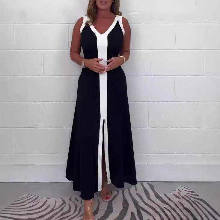 Damen nan tailliertes V-Ausschnitt-Bahnenkleid mit kontrastierender Mittelpasse und mittigem Frontschlitz R&B