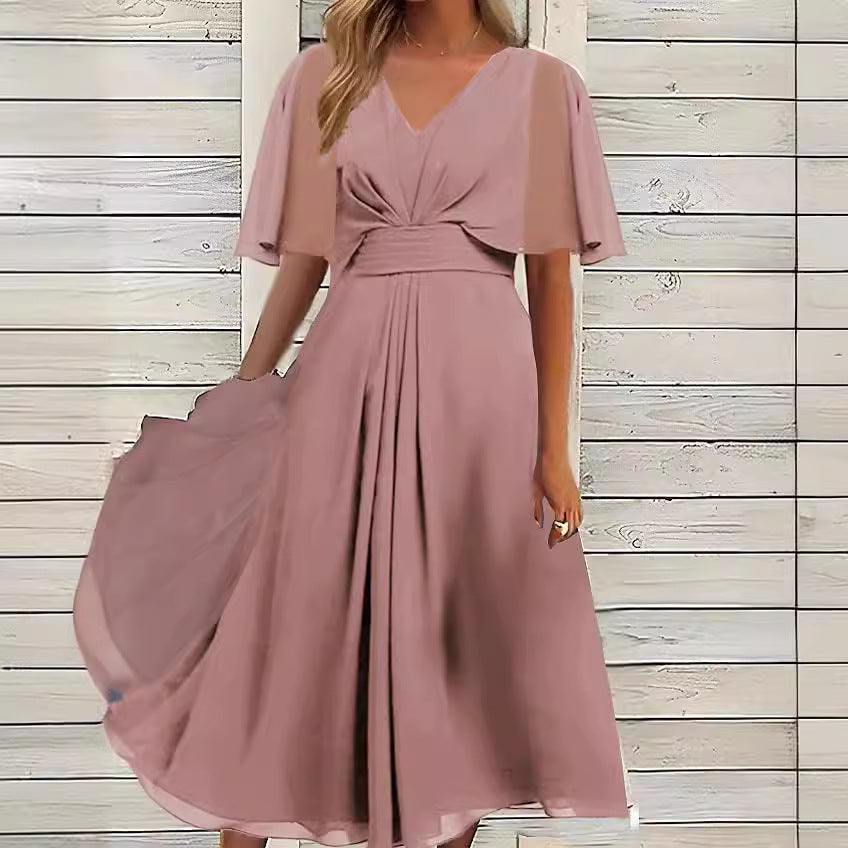 Damen elegantes Maxikleid mit fließenden Ärmeln und V-Ausschnitt R&B