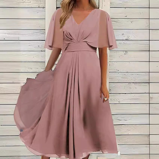Damen elegantes Maxikleid mit fließenden Ärmeln und V-Ausschnitt R&B