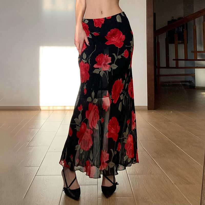 Damen Maxirock mit floralen Mustern und transparenter Spitze R&B