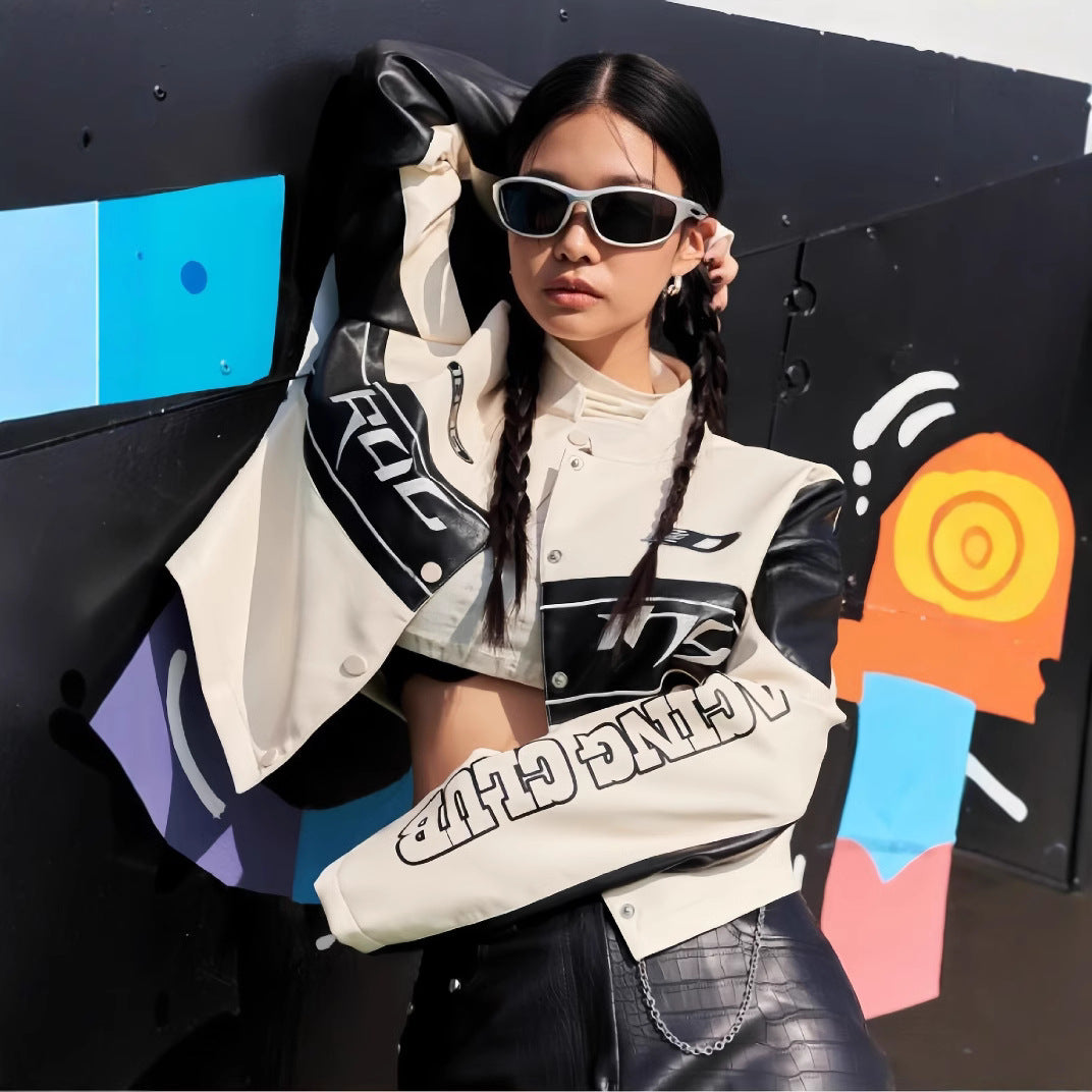 Damen cropped Bikerjacke mit einzigartigen Grafikdetails R&B