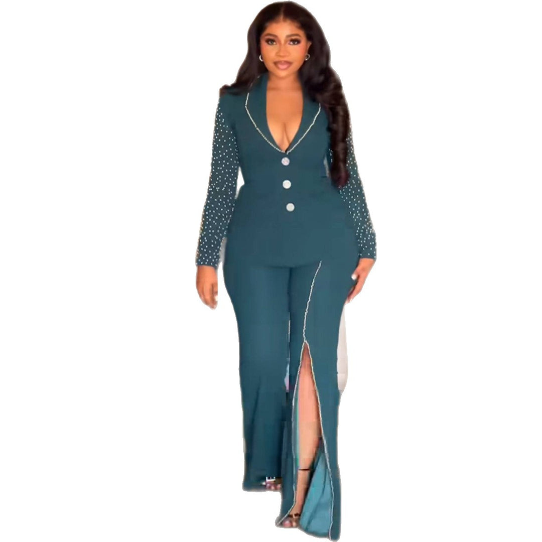 Damen Eleganter Anzug mit schimmernden Perlen und modernem Schlitz R&B