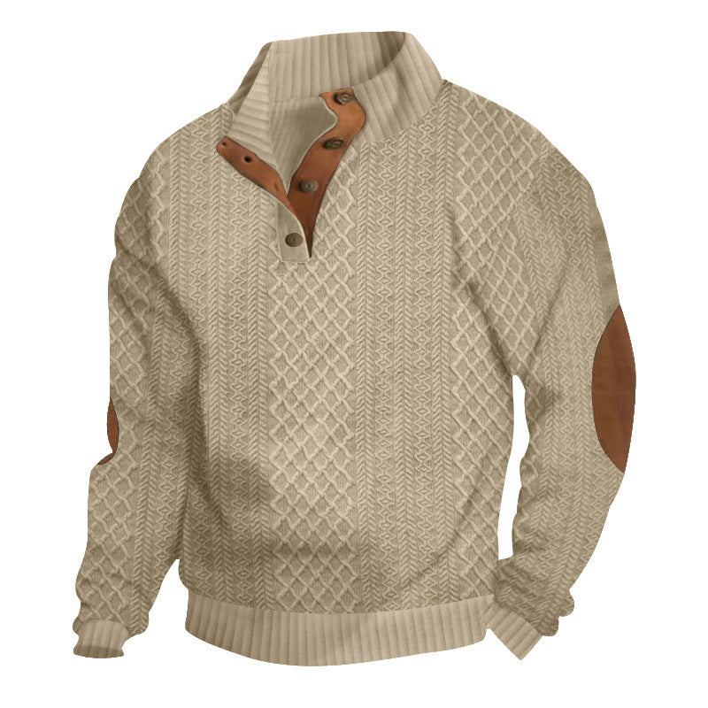 Herren nan gehobener Strickpullover mit Rautenmuster, hohem Rippkragen, knöpfbarer Latzleiste und Lederbesatz an Ellenbogen R&B