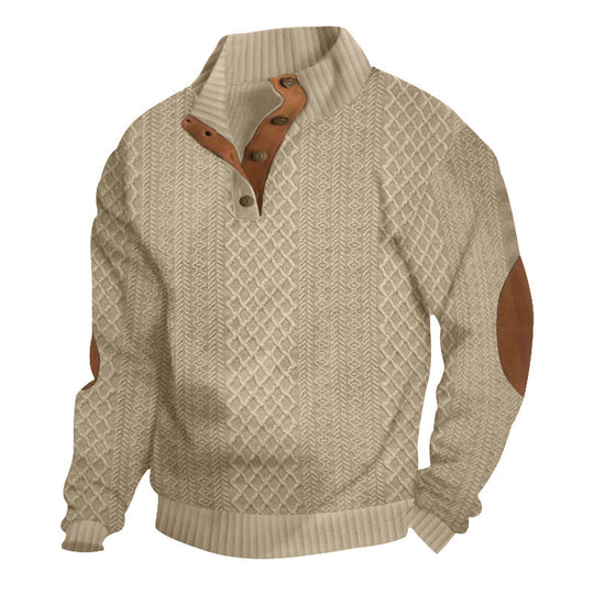 Herren nan gehobener Strickpullover mit Rautenmuster, hohem Rippkragen, knöpfbarer Latzleiste und Lederbesatz an Ellenbogen R&B