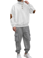 Herren nan Karo-Relief-Sweatset mit Stehkragen-Knopfleiste, Velours-Ellenbogenpatches und Cargo-Jogger R&B
