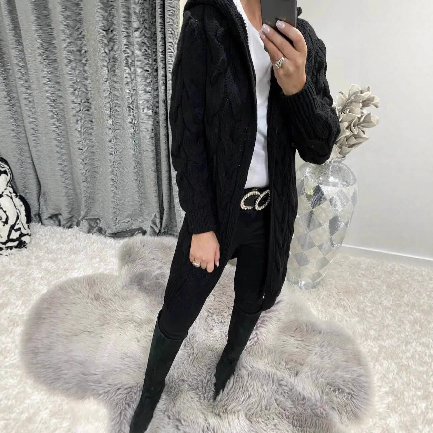 Damen Grobstrick-Cardigan mit Kapuze und Zopfmuster R&B